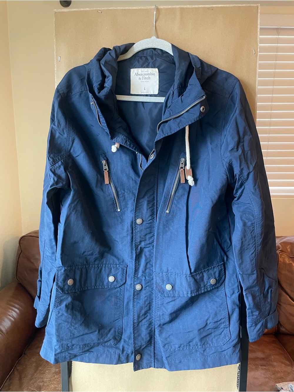 Abercrombie & Fitch Navy Blue Hooded Jacket with Tan Leather Pulls